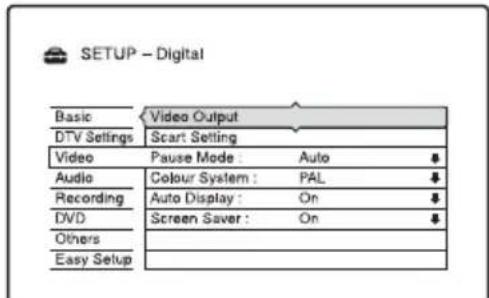 SETUP - Digital Basic Video Output DTV Settings Scart Setting Video Pause Mode : Auto # Audio Colour System : PAL # Recording Auto Display : On # DVD Screen Saver : On # Others Easy Setup