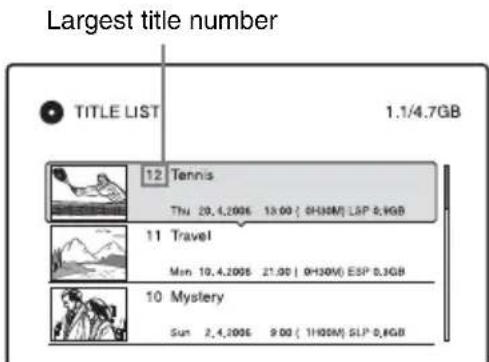 Largest title number TITLE LIST 1.1/4.7GB 12 Tennis Thu 20.4.2006 13:00 (0H30M) LSP 8,9GB 11 Travel Mon 10.4.2006 21:00 (0H30M) ESP 8,3GB 10 Mystery Sun 2.4.2006 9:00 (1H30M) SLP 8,9GB