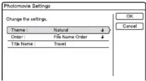 Photomovie Settings Change the settings. Theme : Natural ↓ Order : File Name Order ↓ Title Name : Travel OK Cancel