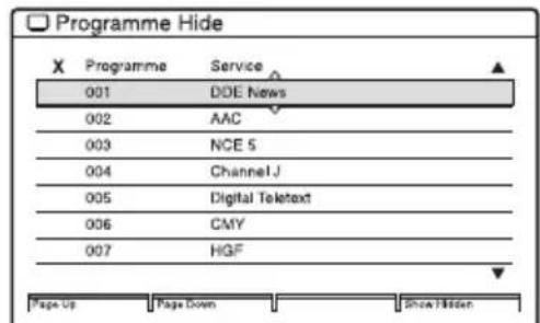 Programme Hide X Programme Service 001 DOE News 002 AAC 003 NCE 5 004 Channel J 005 Digital Teletext 006 CMY 007 HGF Page Up Page Down Show Hidden