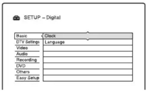 SETUP - Digital Basic Clock DTV Settings Language Video Audio Recording DVD Others Easy Setup
