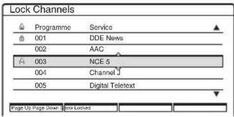 Lock Channels Programme Service 001 DDE News 002 AAC 003 NCE 5 004 Channel J 005 Digital Teletext Page Up Page Down 9 Show Locked
