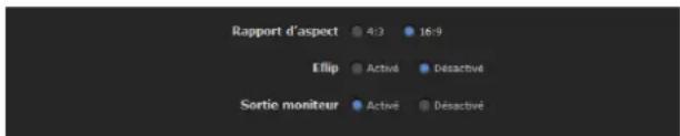 Rapport d'aspect 4:3 16:9 Ellip Activé Désactivé Sortie moniteur Activé Désactivé