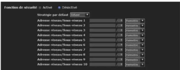 Fonction de sécurité Activé Désactivé Stratégie par défaut Adresse réseau/Sous-reseau 1 Adresse réseau/Sous-reseau 2 Adresse réseau/Sous-reseau 3 Adresse réseau/Sous-reseau 4 Adresse réseau/Sous-reseau 5 Adresse réseau/Sous-reseau 6 Adresse réseau/Sous-reseau 7 Adresse réseau/Sous-reseau 8 Adresse réseau/Sous-reseau 9 Adresse réseau/Sous-reseau 10