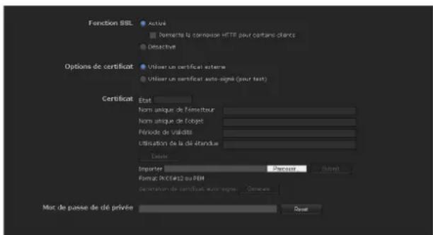 Function SSL Activé Doutement la corrosion HETB pour certain clients Descriptive Options de certificat Utiliser un certifié esterne Utiliser un certifié auto-signé (pour text) Certificat Etat Nom unique de fômetteur Nom unique de l'objet Période de validité Utilisation de la dé-étendue Départe Importer Parcisé Sulven Format: PC/Clet2 ou PBM Départation de certifié auto signé Départes Mat de passe de clé privée Dout