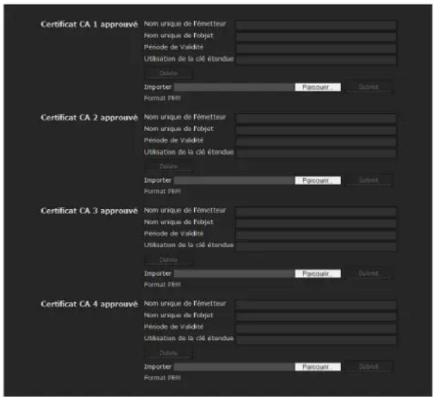 Certificat CA 1 approuvê Nom unique de l'énetteur Nom unique de l'objet Période de Validité Utilisation de la clé étendue Delete Importer Parcouvr Submit Format PBM Certificat CA 2 approuvê Nom unique de l'énetteur Nom unique de l'objet Période de Validité Utilisation de la clé étendue Delete Importer Parcouvr Submit Format PBM Certificat CA 3 approuvê Nom unique de l'énetteur Nom unique de l'objet Période de Validité Utilisation de la clé étendue Delete Importer Parcouvr Submit Format PBM Certificat CA 4 approuvê Nom unique de l'énetteur Nom unique de l'objet Période de Validité Utilisation de la clé étendue Delete Importer Parcouvr Submit Format PBM