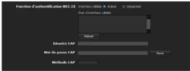 Fonction d'authentication 802.1X Interface cable Active Déactivé État d'interface cable Rèlesh Identité EAP Mot de passe EAP Reset Méthode EAP