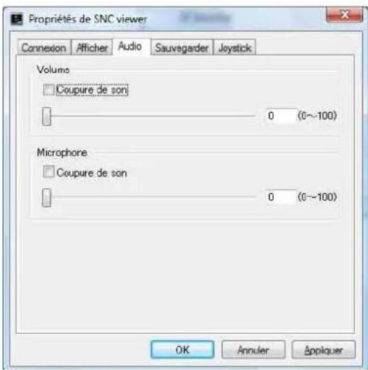 Propriétés de SNC viewer Connexion Afficher Audio Sauvegarder Joystick Volume Coupure de son 0 (0~100) Microphone Coupure de son 0 (0~100) OK Annuler Appliquer
