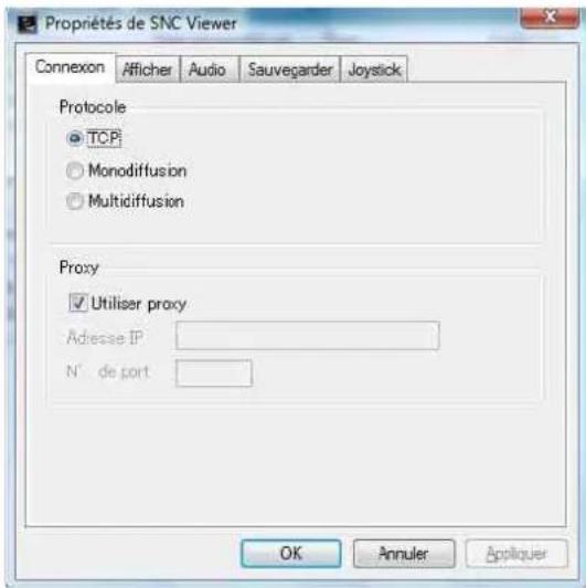 Propriétés de SNC Viewer Connexion Afficher Audio Sauvegarder Joystick Protocole TCP Monodiffusion Multidiffusion Proxy Utiliser proxy Adresse IP N° de port OK Annuler Appliquer