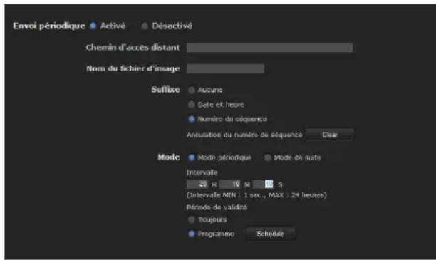 Envoi périodique Activé Désactivé Chemin d'accès distant Nom du fichier d'image Suffixe Accune Date et heure Numéro du séquence Annulation du numéro de séquence Clear Mode Mode périodique Mode de suite Intervalle 20 H 10 M S (Intervalle MEN : 1 sec., MAX : 24 heures) Période de validité Toupiers Programme Schedule