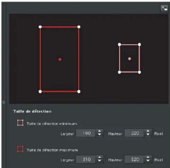 Taille de détection Taille de détection minimum Largeur 160 Hauteur 320 Pixel Taille de détection maximum Largeur 310 Hauteur 520 Pixel