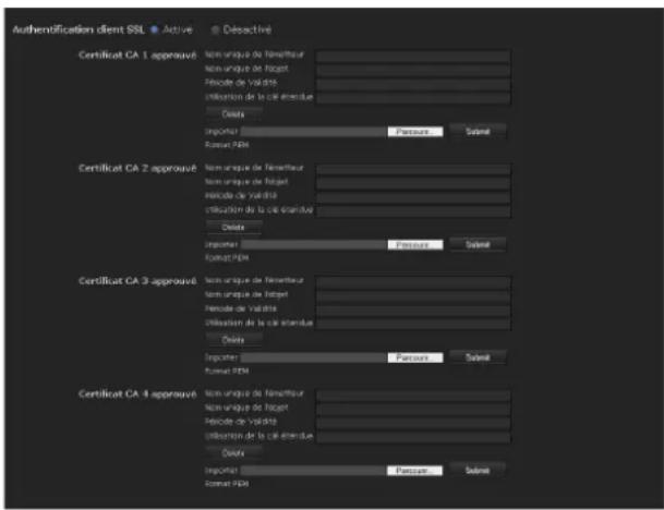 Authentication client SSL Active Desactivé Certificat CA 1 approuvé Non unique de l'enfantteur Non unique de fôgset Fériode de Valdiré Utilisation de la cie enrolève Delete Importer Passifs Sûdmé Certificat CA 2 approuvé Non unique de l'enfantteur Non unique de fôgset Fériode de Valdiré Utilisation de la cie enrolève Delete Importer Passifs Sûdmé Certificat CA 3 approuvé Non unique de l'enfantteur Non unique de fôgset Fériode de Valdiré Utilisation de la cie enrolève Delete Importer Passifs Sûdmé Certificat CA 4 approuvé Non unique de l'enfantteur Non unique de fôgset Fériode de Valdiré Utilisation de la cie enrolève Delete Importer Passifs Sûdmé