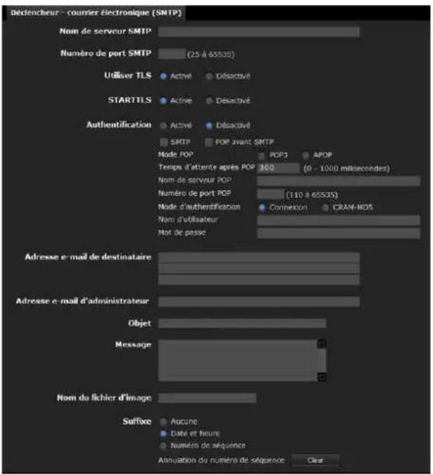Décencheur - coumier électronique (SMTP) Nom de serveur SMTP Numéro de port SMTP (25 à 65535) Utiliser TLS Active Disactivé STARTTLS Active Disactivé Authentication Active Disactivé SMTP POP avant SMTP Mode POP POP3 APOP Temps d'attente après POP 360 (0 - 1000 millisecondes) Nom de serveur POP Numéro de port POP (110 à 65535) Mode d'authertification Connection CRAN-MOS Nom d'utilisateur Not de pesse Adresse e-mail de destinataire Adresse e-mail d'administrateur Objet Message Nom du fichier d'image Suffixe Aucune Date et heure Numéro de séquence Annulation du numéro de séquence Clear