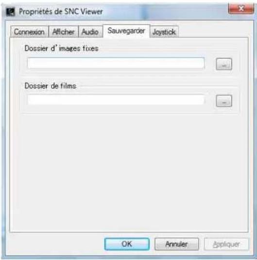 Propriétés de SNC Viewer Connexion Aflicher Audio Sauvegarder Joystick Dossier d' images fixes Dossier de films OK Annuler Appliquer