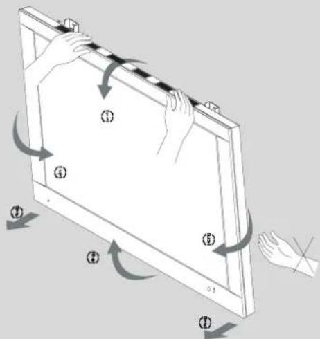 Diagram illustrating hand positioning and rotation of a rectangular panel with numbered components, showing directional arrows.