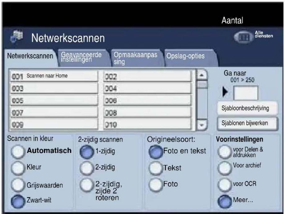 Aantal Netwerkscannen Alle diensten Netwerkscannen Geavanceerde instellingen Opmaakaanpas sing Opslag-opties 001 Scannen naar Home 002 003 004 005 006 007 008 009 010 Ga naar 001 > 250 Sjabloonbeschrijving Sjablonen bijwerken Scannen in kleur Automatisch 2-zijdig scannen Kleur 1-zijdig Grijswaarden 2-zijdig, Zwart-wit zijde 2 roteren Origineelsoort: Foto en tekst Tekst Foto Voorinstellingen voor Delen & afdrukken Voor archief voor OCR Meer...