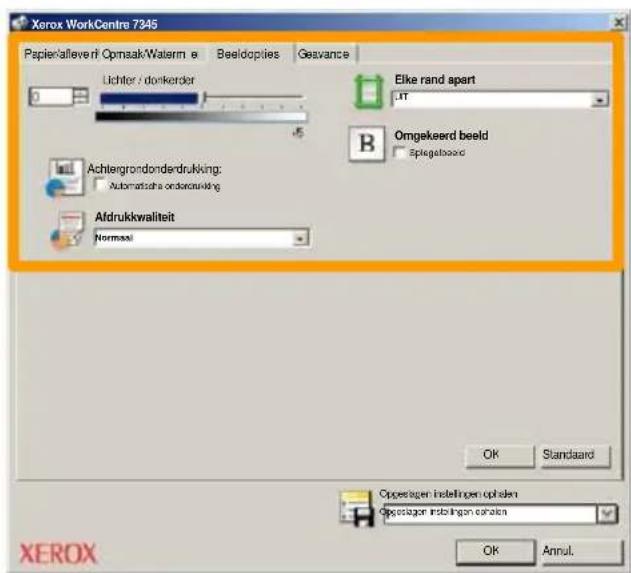 Xerox WorkCentre 7345 Papier/alleveri Opmaak/Waterm e Beeldopties Geavance Lichter / donkorder Elke rand apart LIT B Omgekeerd beeld Spiegelboord Achtergrondondrukking: Automatica orderoeking Afdrukkwaliteit Normal OK Standard Oppenzen instellingen ophelen Oppenzen instellingen ophelen OK Annul. XEROX