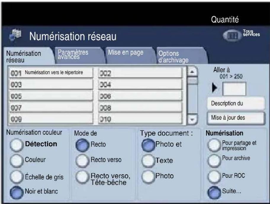 Quantité Numérisation réseau Tous services Numérisation réseau Paramètres avances Mise en page Options d'archivage Aller à 001 > 250 Description du Mise à jour des Numérisation couleur Détction Couleur Échelle de gris Noir et blanc Mode de Recto Recto verso Recto verso, Tête-bêche Type document : Photo et Texte Photo Numérisation Pour partage et impression Pour archive Pour ROC Suite...