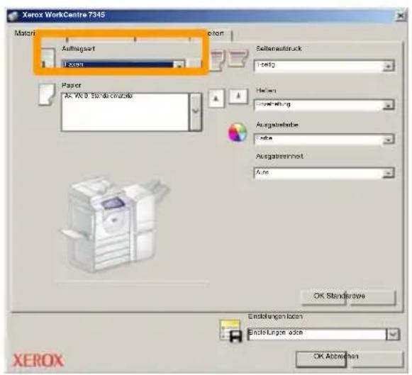 Xerox WorkCentre 7345 Material Auftragart 1 mm Paper AC Wc 0 Strödschutzte Seltenautdruck 1 self Helien Schnetwicklung Ausgabeberlöse Anlage Ausgabebernet Aus OK Standstevs Endstehungen lizen Ende Lagen aizen OK Abbrevien XEROX
