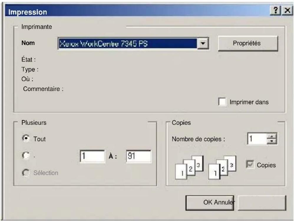 Impression Imprimante Nom Xerox WorkCentre 7345 PS Propriétés État : Type : Où : Commentaire : Imprimer dans Plusieurs Tout . 1 A: 91 Sélection Copies Nombre de copies : 1 Copies OK Annuler