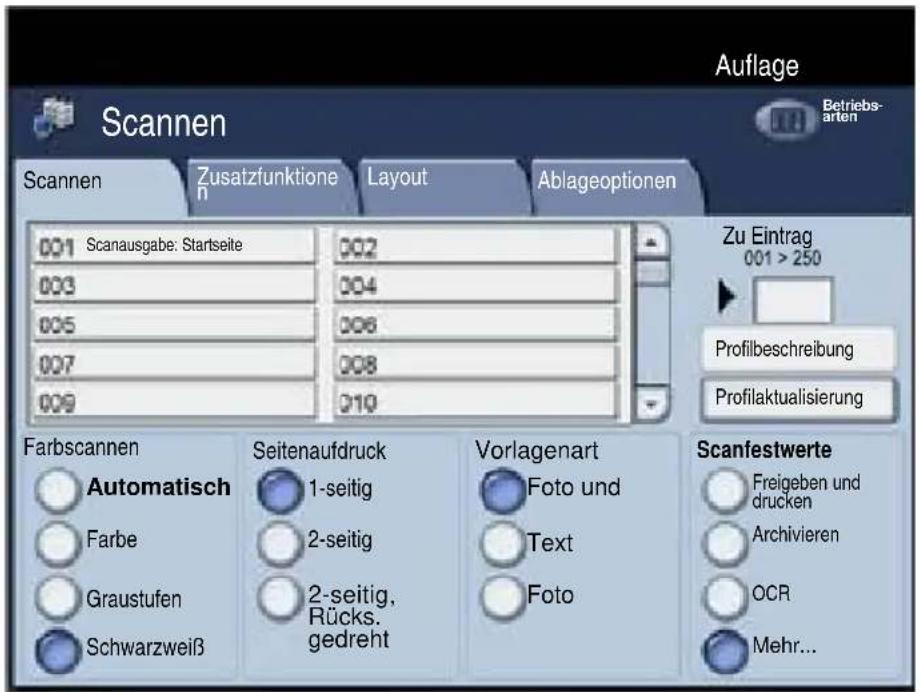 Auflage Scannen Betriebs- arten Scannen Zusatzfunktionen Layout Ablageoptionen 001 Scanausgabe: Startseite 002 003 004 005 006 007 008 009 010 Zu Eintrag 001 > 250 Profilbeschreibung Profilaktualisierung Farbscannen Automatisch Farbe Graustufen Schwarzweiß Seitenaufdruck 1-seitig 2-seitig 2-seitig, Rücks. gedreht Vorlagenart Foto und Text Foto Scanfestwerte Freigeben und drucken Archivieren OCR Mehr...