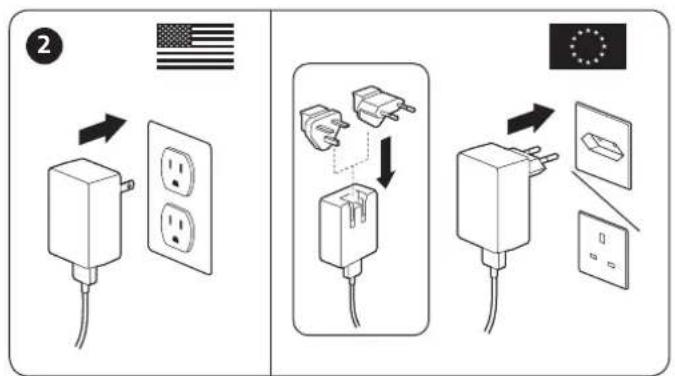 Diagram illustrating the installation of an electrical plug into a power socket, showing connection to the U.S. flag and EU flag.
