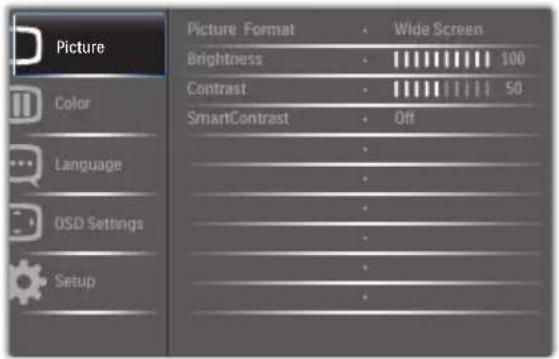 Picture Color Language OSD Settings Setup Picture Format • Wide Screen Brightness • 100 Contrast • 50 SmartContrast • Off • • • • • • •