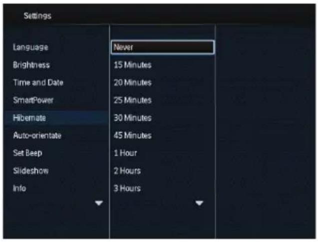 Settings Language Brightness Time and Date SmartPower Hibernate Auto-orientate Set Beep Slideshow Info Never 15 Minutes 20 Minutes 25 Minutes 30 Minutes 45 Minutes 1 Hour 2 Hours 3 Hours
