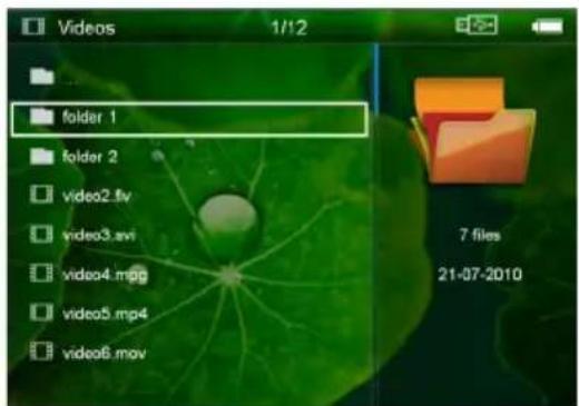 Videos 1/12 folder 1 folder 2 video2.fv video3.avi video4.mpg video5.mp4 video6.mov 7 files 21-07-2010