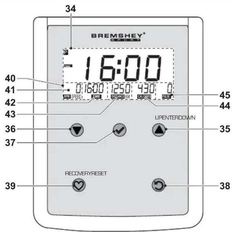 34 BREMSHEY® P TIME 16:00 0 16:00 1250 430 0 RPM SPEED TIME DISTANCE KM CALORIES PULSE 40 41 42 43 36 37 UPENTERDOWN 35 39 RECOVERYRESET 38