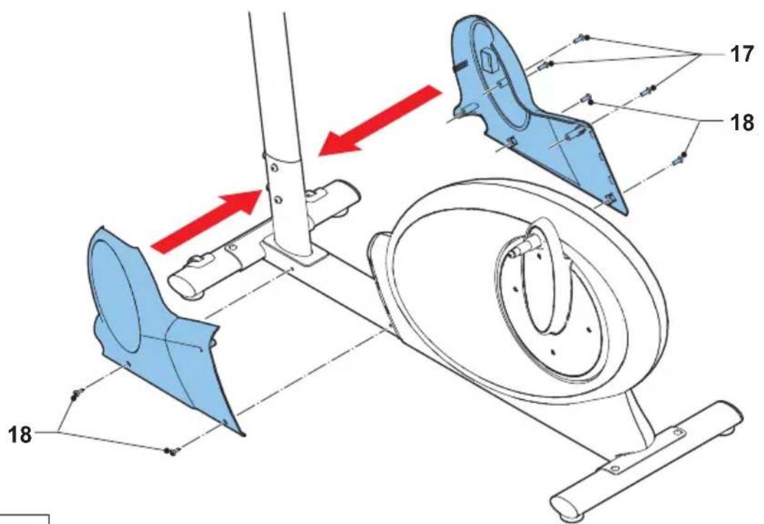 Technical diagram of a stationary exercise machine with labeled components and directional arrows indicating motion or movement.