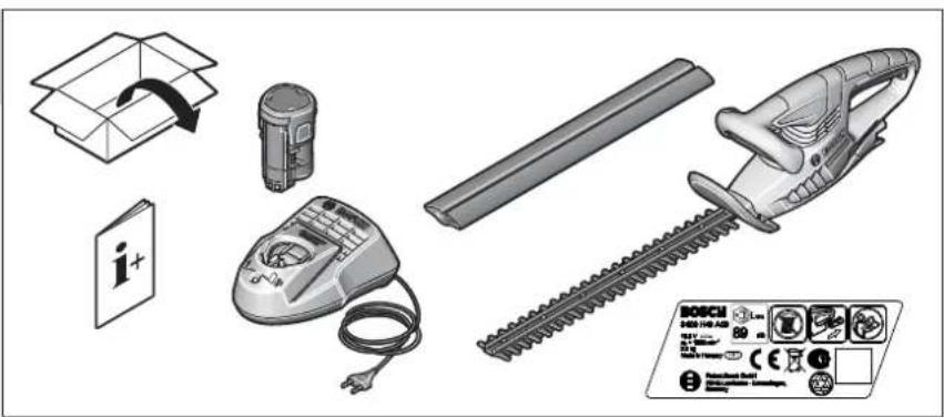 Product catalog illustration showing hardware components including a box, power supply, hedges, and a Bosch brand label.