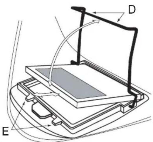 Technical diagram of a device with labeled components E and D, showing internal structure and directional arrows.