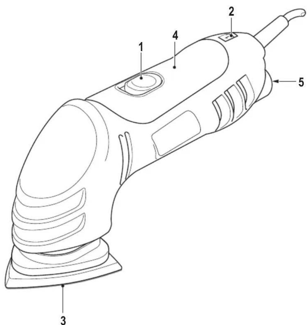 Technical diagram of a hairdryer with numbered parts labeled 1 to 5