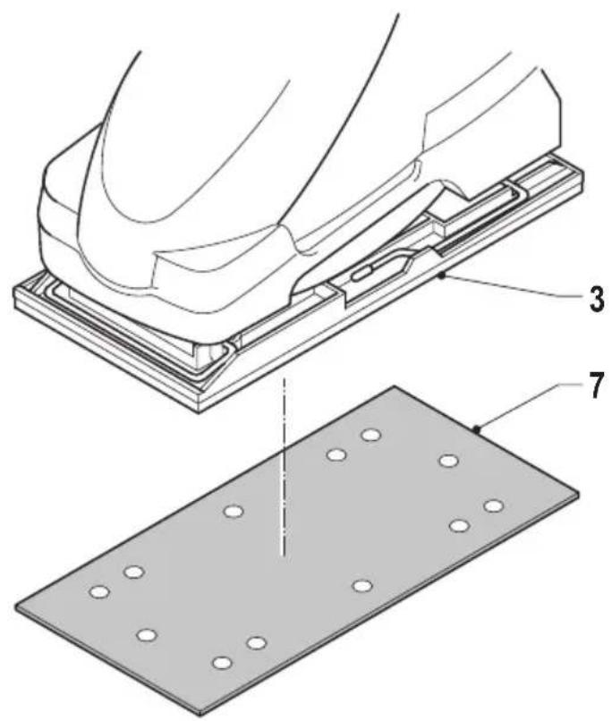Technical diagram showing a mechanical assembly with labeled parts 3 and 7, including a dashed line indicating a reference or alignment.