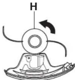Diagram of a mechanical device with labeled component H and rotation arrow (no text or symbols beyond basic labels)