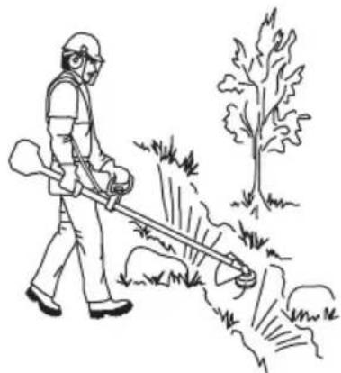 Line drawing of a person in protective gear using a long-handled tool to clean grass near a tree (no text or symbols)
