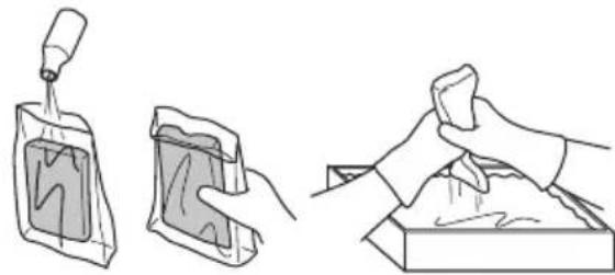 Illustration showing three steps of a cleaning or packaging process: pouring liquid into a bag, handling a container, and handling a cloth (no text or symbols present)
