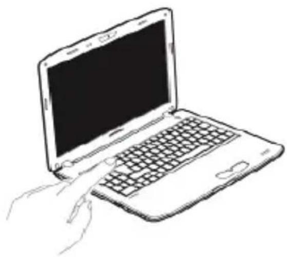 Line drawing of a hand typing on a laptop keyboard (no text or symbols)