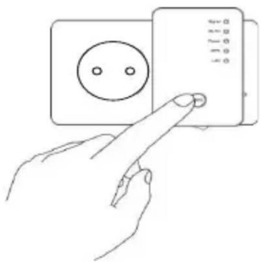 Line drawing of a hand pointing at a wall-mounted device with a circular socket (no text or symbols)