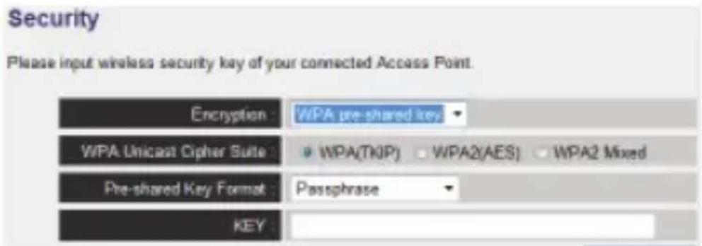Security Please input wireless security key of your connected Access Point. Encryption : WPA pre-shared key WPA Unicast Cipher Suite : WPA(TKIP) WPA2(AES) WPA2 Mixed Pre-shared Key Format : Passphrase KEY :