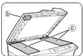 Technical diagram of a printer with labeled parts (a, b, c) showing open lid and internal compartments