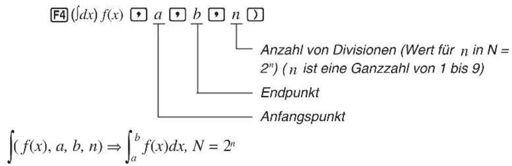 F4 (∫dx) f(x) □ a □ b □ n □ Anzahl von Divisionen (Wert für n in N = 2^n) (n ist eine Ganzzahl von 1 bis 9) Endpunkt Anfangspunkt ∫(f(x), a, b, n) ⇒ ∫_a^b f(x)dx, N = 2^n