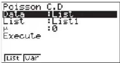 Poisson C.D Data List List :List1 μ :0 Execute List Var
