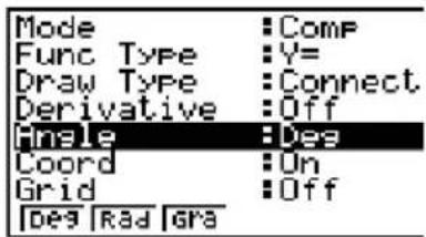 Mode : Comp Func Type : Y= Draw Type : Connect Derivative : Off Angle : Deg Coord : On Grid : Off [deg] [rad] [gra]