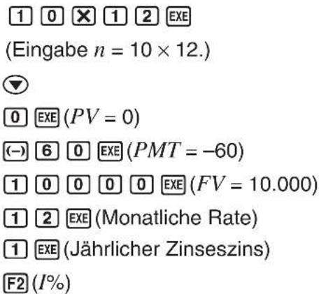 1 0 × 1 2 EXE (Eingabe n = 10 × 12.) ▼ 0 EXE (PV = 0) (-) 6 0 EXE (PMT = -60) 1 0 0 0 0 EXE (FV = 10.000) 1 2 EXE (Monatliche Rate) 1 EXE (Jährlicher Zinseszins) F2 (I%)