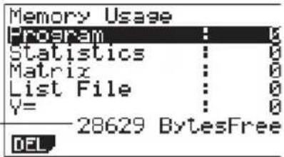 Memory Usage Program : 0 Statistics : 0 Matrix : 0 List File : 0 Y= : 0 28629 BytesFree DEL