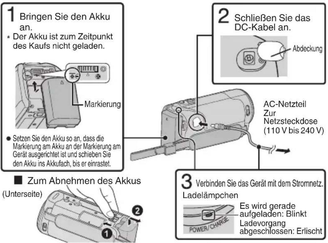 1 Bringen Sie den Akku an. • Der Akku ist zum Zeitpunkt des Kaufs nicht geladen. Markierung • Setzen Sie den Akku so an, dass die Markierung am Akku an der Markierung am Gerät ausgerichtet ist und schieben Sie den Akku ins Akkufach, bis er einrastet. ■ Zum Abnehmen des Akkus (Unterseite) 2 Schließen Sie das DC-Kabel an. Abdeckung AC-Netzteil Zur Netzsteckdose (110 V bis 240 V) 3 Verbinden Sie das Gerät mit dem Stromnetz. Ladelämpchen Es wird gerade aufgeladen: Blink Ladevorgang abgeschlossen: Erlischt