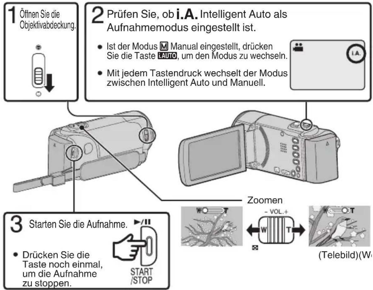 1 Öffnen Sie die Objektivabdeckung. 2 Prüfen Sie, ob i.A. Intelligent Auto als Aufnahmemodus eingestellt ist. • Ist der Modus 📂 Manual eingestellt, drücken Sie die Taste AUTO, um den Modus zu wechseln. • Mit jedem Tastendruck wechselt der Modus zwischen Intelligent Auto und Manuell. 3 Starten Sie di…