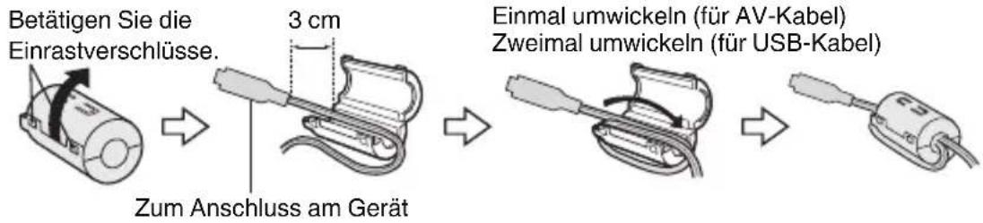 Betätigen Sie die Einrastverschlüsse. 3 cm Zum Anschluss am Gerät Einmal umwickeln (für AV-Kabel) Zweimal umwickeln (für USB-Kabel)